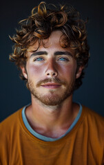 Fototapeta premium A man with a beard and blue eyes is smiling for the camera. He is wearing a yellow shirt