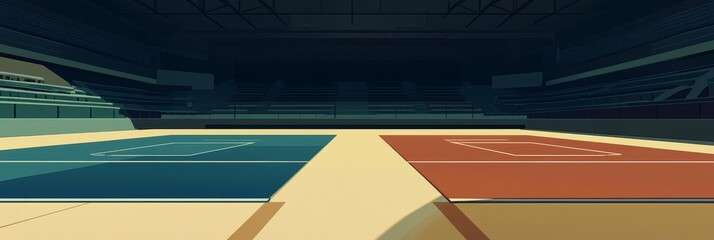 Fototapeta premium An empty indoor sports arena with two courts, one blue and one red, symbolizes competition, sportsmanship, preparation, anticipation, and potential.