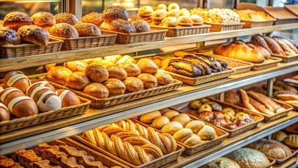 Freshly baked assortment of pastries and bread in a bakery display case, bakery, fresh, assortment, pastries