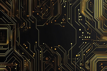 A modern abstract design featuring gold lines and dots representing network science and technology on a high-tech dark background. Ideal for templates, web design, and presentations