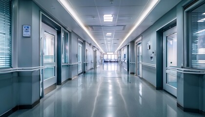 Obraz premium Clinic corridor modern door clean medicine health background hall indoor empty interior hospital room