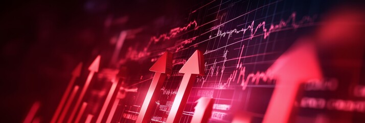 Red arrows pointing upwards on a financial chart background, symbolizing growth, success, and positive trends in the market.