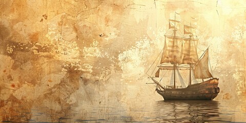 A vintage sailboat navigates calm waters against a textured, golden background, evoking nostalgia and adventure on the sea.