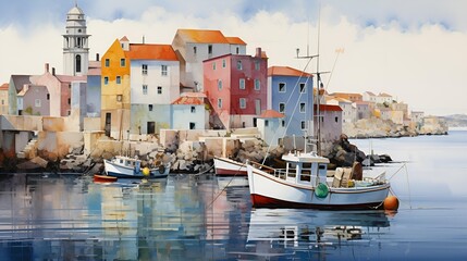 A serene harbor scene featuring boats docked alongside charming houses under a clear sky.