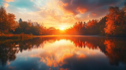 The image depicts a tranquil scene of a lake reflecting the vibrant hues of a sunset. The golden light illuminates the surrounding trees, with some showcasing the vibrant colors of fall foliage. The c