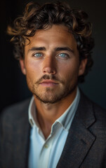 Fototapeta premium A man with a beard and blue eyes is wearing a suit and white shirt. He is looking directly at the camera