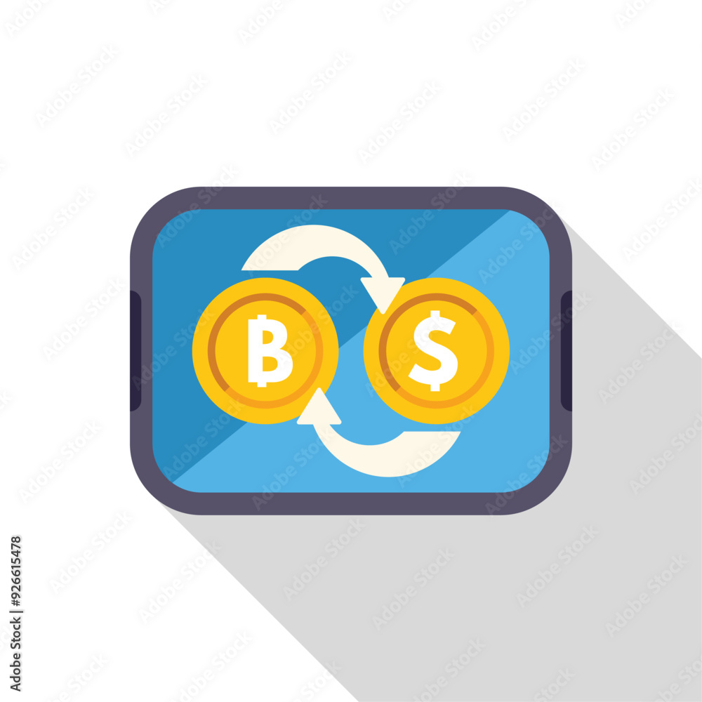 Poster cryptocurrency trading app converting bitcoin to us dollar on a smartphone