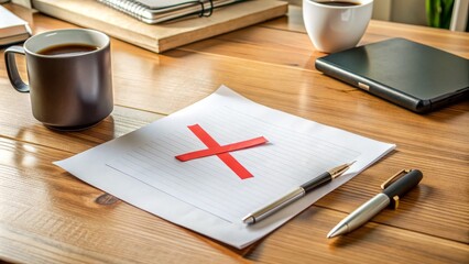 A formal termination of contract document with a red X marked through it, lying on a desk surrounded by business files and office supplies.