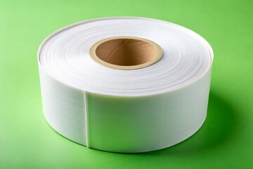 A fresh roll of blank tag label paper with adhesive backing, unwound and stuck to a surface, waiting for printing or writing.