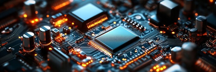Obraz premium This image shows a close-up of a computer motherboard with a processor chip in the center, surrounded by other electronic components. The image symbolizes technology, innovation, circuitry, processing