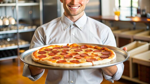 A friendly server in a casual dining setting expertly balances a piping hot, freshly baked pepperoni pizza on a tray, ready for delivery.