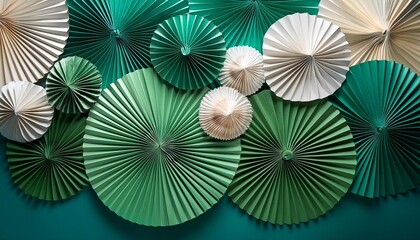 Obraz premium Decorative green and white paper fans arranged on a green wall with a blue background