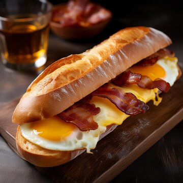 Delicious Breakfast Sandwich with Bacon, Egg, and Cheese A Gourmet Pork Delight on a Freshly Baked Baguette.