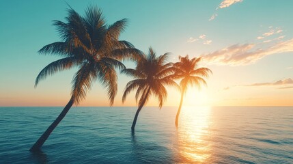Fototapeta premium Three palm trees stand tall in the tranquil ocean, silhouetted against a vibrant sunset. The water is calm and inviting, while the sky is painted with warm hues of orange, pink, and purple. The image