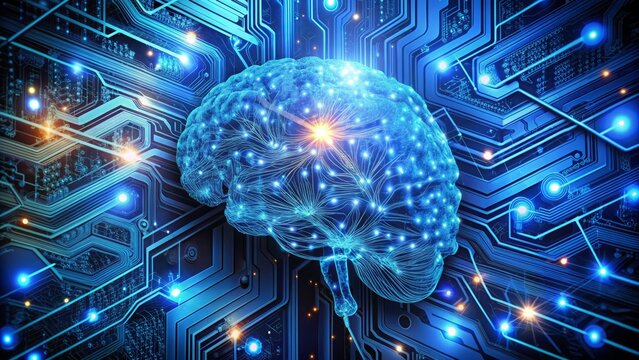 A futuristic brain composed of circuit boards and wires, surrounded by codes and glowing blue lights, representing the intersection of technology and human thought.