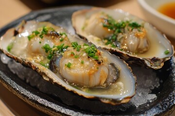 Two grilled scallops in their shells, drizzled with butter sauce, topped with green onions and served on ice.