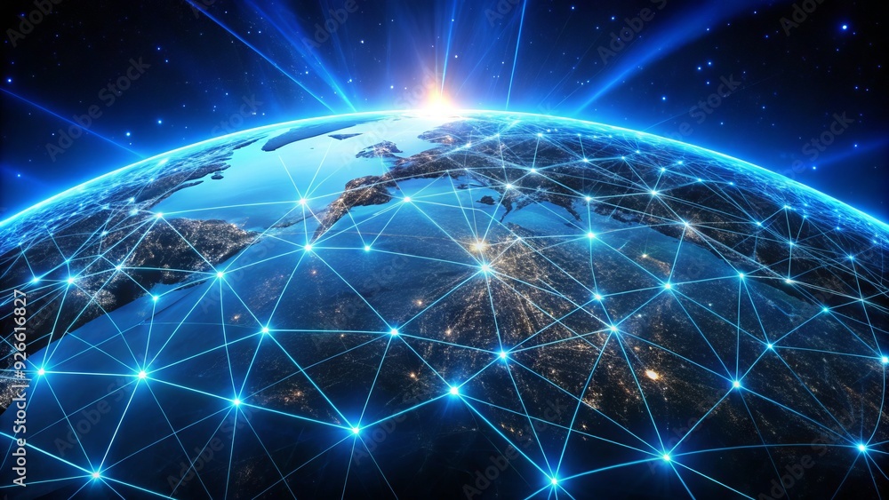 Poster a futuristic global network of interconnected glowing blue lines and nodes illuminates the darkened 