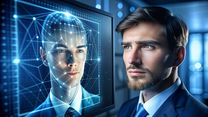 A futuristic facial recognition system scans a person's face, analyzing features and matching them to a database on a sleek, high-tech computer screen.
