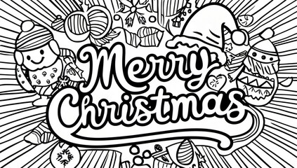 Coloring page, cute merry christmas inscription