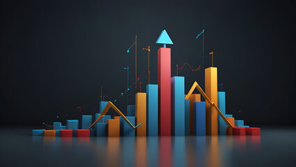 3D render of business graph with up arrow, the graph highlights financial progress and increasing profits.
