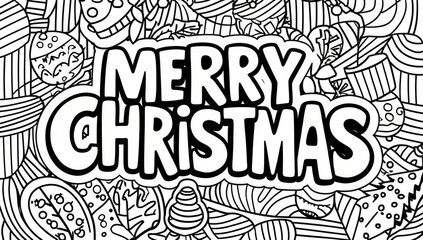 Coloring page, cute merry christmas inscription