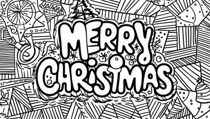 Coloring page, cute merry christmas inscription