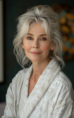Fototapeta premium A woman with gray hair is wearing a white robe and smiling. She looks happy and content. Concept of warmth and comfort, as the woman is dressed in a cozy robe and he is enjoying her time