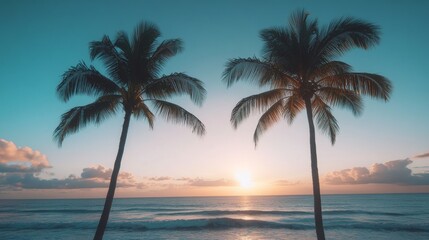 Two palm trees stand silhouetted against a vibrant sunset over a tranquil ocean, symbolizing serenity, vacation, tropical paradise, nature's beauty, and the end of a perfect day.