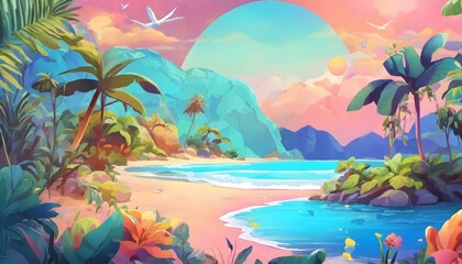 Gradient background for summer season celebration,
Tropical Paradise Illustration Island Escape