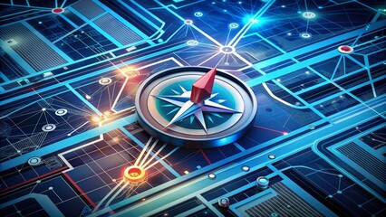 A futuristic navigation system with a GPS pin, compass, and map fragments, surrounded by geometric shapes and lines, in a modern digital design.