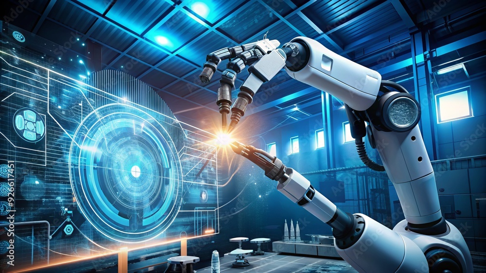 Poster a futuristic robotic arm interacts with a virtual interface, surrounded by futuristic gadgets and wi