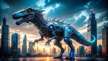 Fototapeta premium A futuristic robotic dinosaur with glowing blue circuits and wires stands amidst a backdrop of city skyscrapers, symbolizing the fusion of technology and imagination.