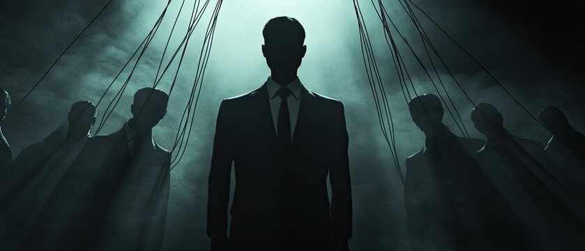 Political puppetry strings controlling corrupt politicians dark eerie atmosphere illustrating manipulation and power struggle shadows adding depth and intrigue