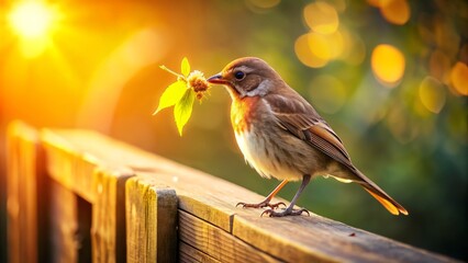 A gentle bird cradles a delicate feather in its beak, symbolizing empathy, kindness, and protection, as it perches on a weathered wooden fence in warm sunlight.