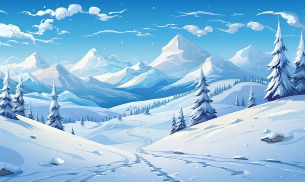 Snowy background with ski tracks, flat design, top view, winter theme, cartoon drawing, vivid