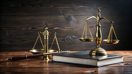 A golden scales of justice statue sits on a dark wooden desk beside a leather-bound law book and a elegant silver pen, symbolizing fairness and professionalism.