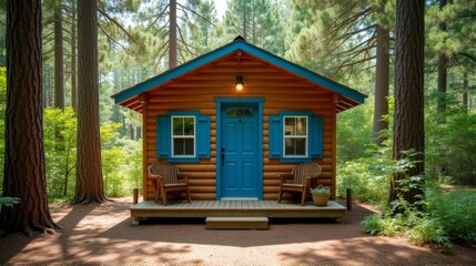 A quaint blue and gray cabin nestled in the woods, offering a peaceful and rustic retreat surrounded by nature's tranquility.