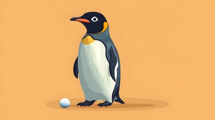 Fototapeta premium Penguin Enjoying a Game of Golf on a Flat Amber Background