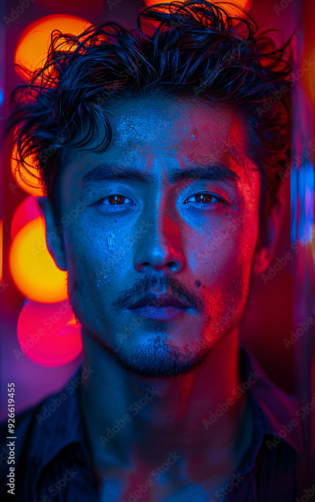 Poster a man with a beard and a wet face is standing in front of a wall with a red and blue light