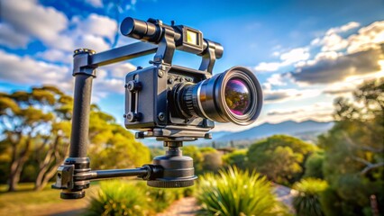 a high-quality camera mounted on a sturdy handheld stabilizer, ensuring smooth and precise footage capture in various environments.
