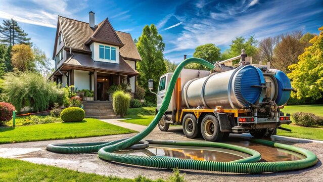 A heavy-duty vacuum truck removes waste from a septic tank in a residential yard, with a prominent hose and equipment in clear view.