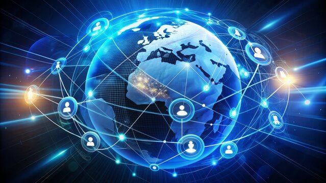 A illuminated blue globe surrounded by various circular logos of different companies and organizations, conveying global connections and international business relationships.