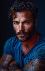 Obraz premium A man with a beard and a blue shirt is posing for a picture. The man's face is illuminated by a light, and he has tattoos on his arm. Scene is casual and relaxed