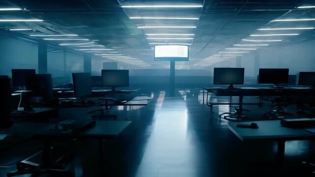Deserted office space with dim lighting and computer monitors late at night