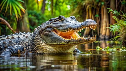 Obraz premium A large American alligator emerges from murky swamp waters, its scaly body and powerful jaws a testament to its dominance in the humid, subtropical habitat.