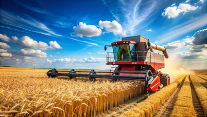 Fototapeta premium A large, modern combine harvester stands isolated in a vast, empty field of golden wheat, ready to start the harvest season under a clear blue sky.