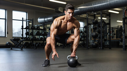 Muscular man performing a kettlebell workout in a modern gym, showcasing defined arms, chest, and abs, with intense focus and determination, highlighting strength and fitness