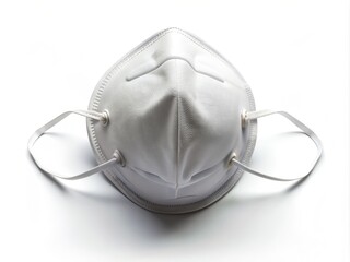 A lone, crisp, white N95 respirator mask lies isolated on a pure white background, its folds and contours sharply defined in high contrast.