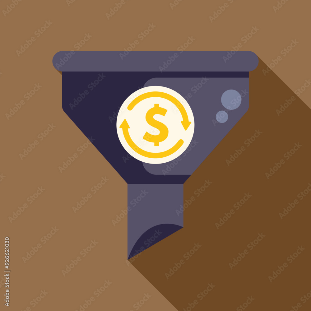 Poster sales funnel with dollar coin inside representing converting traffic into money