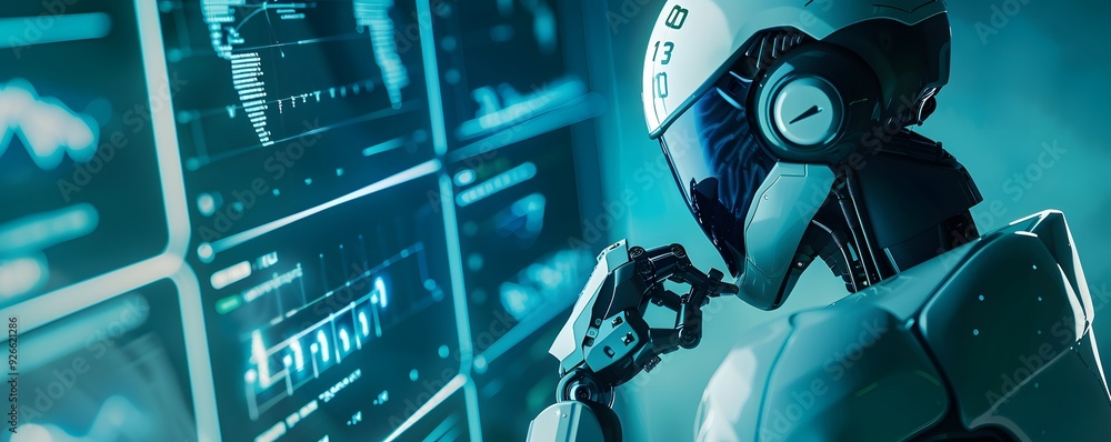 Poster futuristic robot analyzing data on a screen